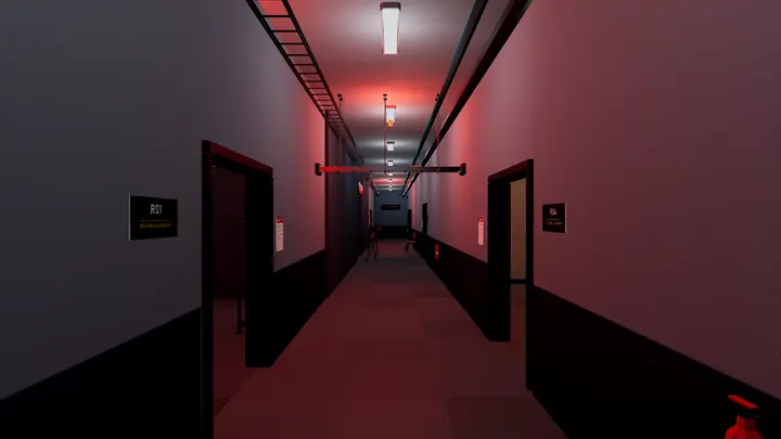A sealed corridor lit red by emergency lights