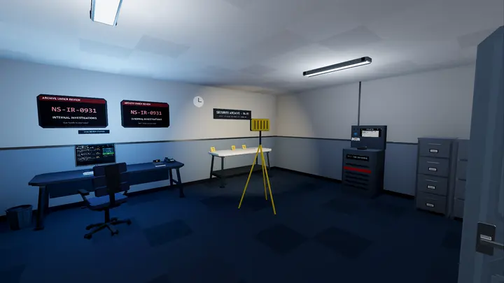 The restricted wing's project office, an evidence tripod standing by the desk